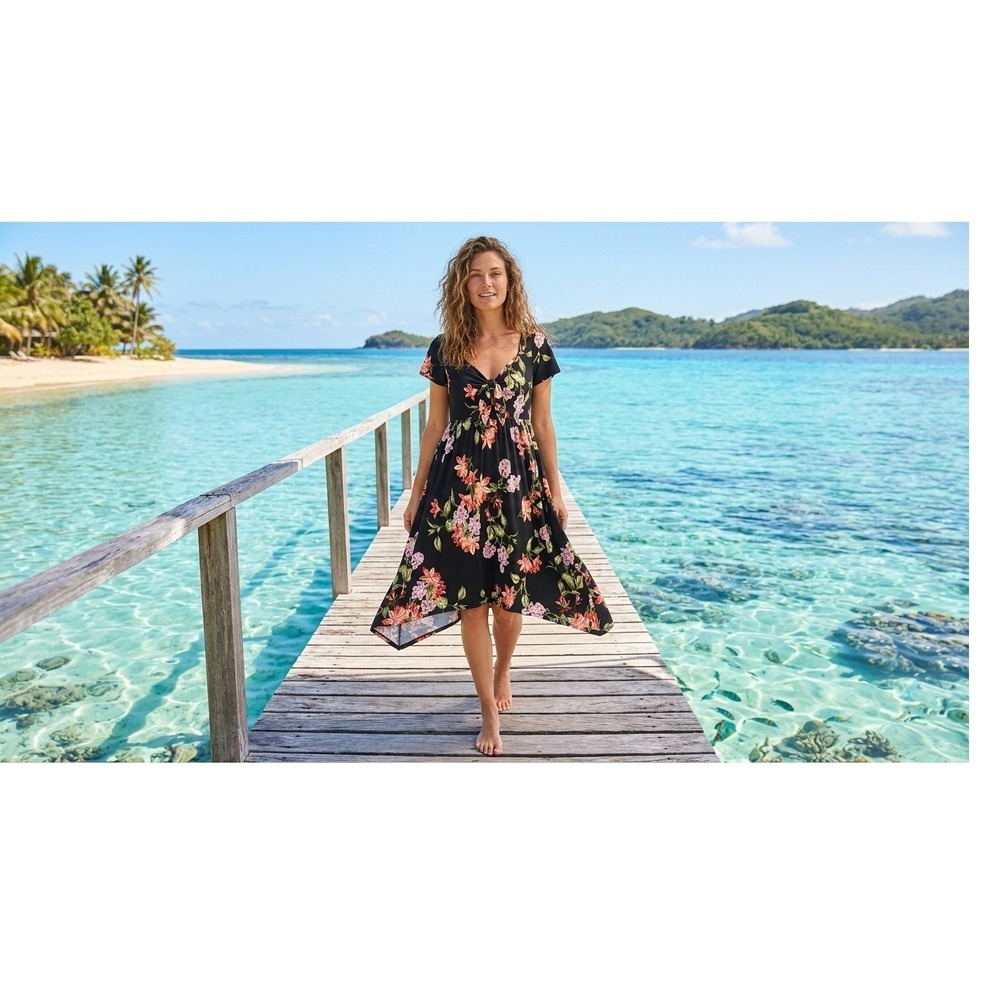 Tommy Bahama Dress Women Black Floral Handkerchief Hem Empire Waist Dress Size M